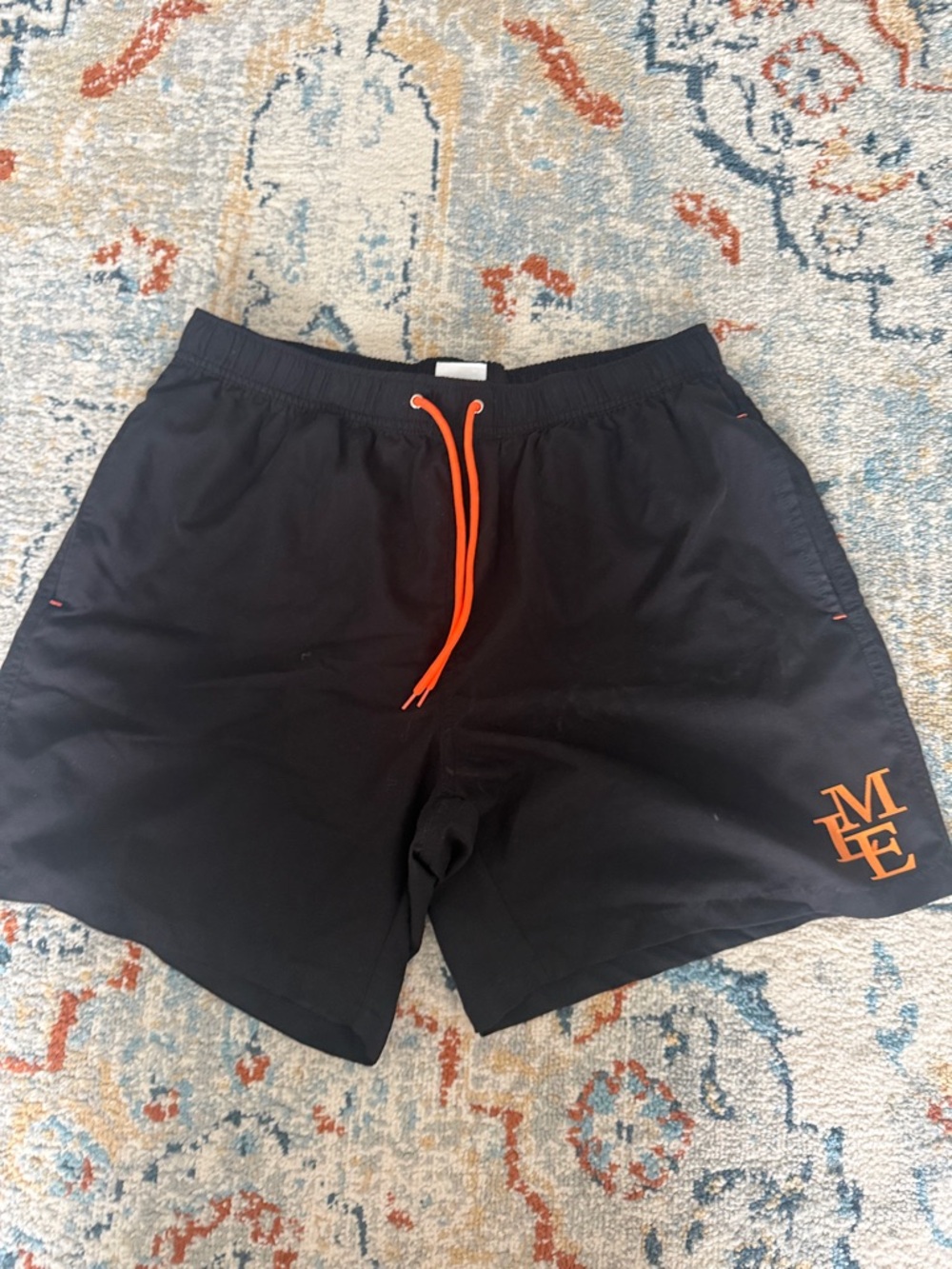 Black Swim Shorts with Orange Drawstring and Logo